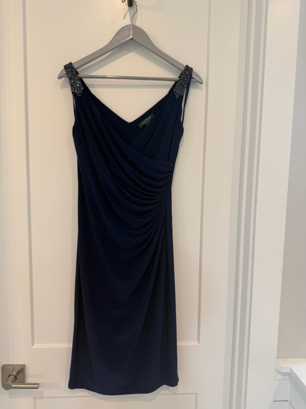 Ralph Lauren Ruching Navy Blue Dress with Beading on Straps Sleeveless Size 4